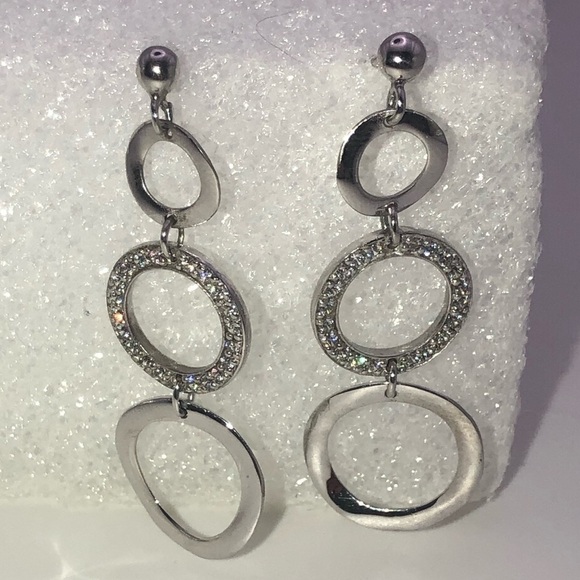 janinas Sterling Silver & Cz Circles Sparkly Dangle Stud Earrings 1.7” - Picture 2 of 6